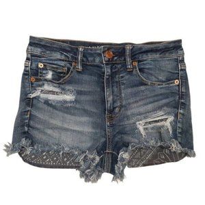 American Eagle Denim Shorts Womens 4 Blue Distressed Hi-Rise Shortie Boho